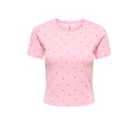 Kurzarmshirt ONLY "ONLFENJA LIFE SS AOP TOP JRS NOOS", Damen, Gr. S, rosa (romance rose aop:hearts), Jersey, Obermaterial: 95% Baumwolle, 5% Elasthan, bedruckt, regular fit normal, Rundhals, Shirts, B