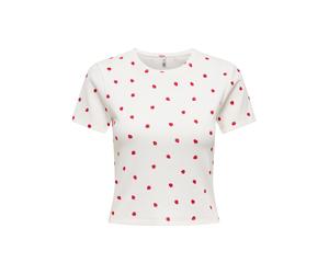Kurzarmshirt ONLY "ONLFENJA LIFE SS AOP TOP JRS NOOS", Damen, Gr. S, rot (cloud dancer aop:strawberry love), Jersey, Obermaterial: 95% Baumwolle, 5% Elasthan, bedruckt, regular fit normal, Rundhals, S