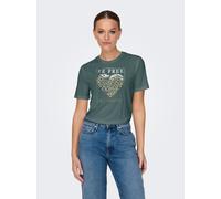 Kurzarmshirt ONLY "ONLFREE LIFE MODAL S/S ATELIER TOP JRS", Damen, Gr. XS, balsam grün print:librarian heart, Jersey, Obermaterial: 70% Modal, 30% Polyester, bedruckt, regular fit normal, Rundhals, Sh