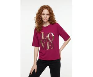 Kurzarmshirt ONLY "ONLFREE MAYA S/S PRINT TOP BOX JRS", Damen, Gr. L, pink (sangria print:love), Jersey, Obermaterial: 70% Modal, 30% Polyester, bedruckt, regular fit normal, Rundhals, Shirts, Materia