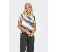 Kurzarmshirt ONLY "ONLHEART LIFE S/S TEE JRS NOOS", Damen, Gr. M, cloud dancer stripes:night sky, lemon, Jersey, Obermaterial: 95% Viskose, 5% Elasthan, gestreift, regular fit normal, Rundhals, Shirts