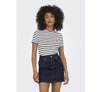 Kurzarmshirt ONLY "ONLHEART LIFE S/S TEE JRS NOOS", Damen, Gr. S, cloud dancer stripes flamingo, Jersey, Obermaterial: 95% Viskose, 5% Elasthan, gestreift, regular fit normal, Rundhals, Shirts Kurzarm
