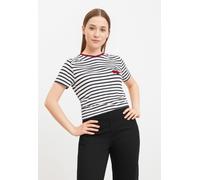 Kurzarmshirt ONLY "ONLHEART LIFE S/S TEE JRS NOOS", Damen, Gr. S, rot (cloud dancer stripes cherry), Jersey, Obermaterial: 95% Viskose, 5% Elasthan, gestreift, regular fit normal, Rundhals, Shirts Kur