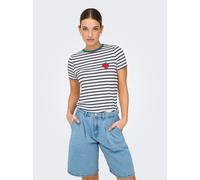 Kurzarmshirt ONLY "ONLHEART LIFE S/S TEE JRS NOOS", Damen, Gr. XS, cloud dancer stripes strawberry, Jersey, Obermaterial: 95% Viskose, 5% Elasthan, gestreift, regular fit normal, Rundhals, Shirts (514