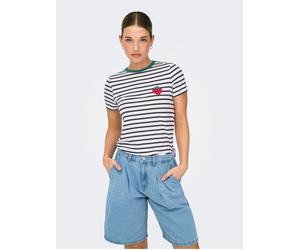 Kurzarmshirt ONLY "ONLHEART LIFE S/S TEE JRS NOOS", Damen, Gr. XS, cloud dancer stripes strawberry, Jersey, Obermaterial: 95% Viskose, 5% Elasthan, gestreift, regular fit normal, Rundhals, Shirts (514
