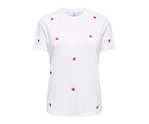 Kurzarmshirt ONLY "ONLKETTY LIFE S/S O-NECK TOP JRS NOOS", Damen, Gr. XS, hellweiß aop:strawberry, Jersey, Obermaterial: 100% Baumwolle, bedruckt, regular fit normal, Rundhals, Shirts (21563626-XS) he