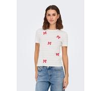 Kurzarmshirt ONLY "ONLKIRA LIFE BOW S/S TEE CS JRS", Damen, Gr. L (40), cloud dancer detail:small bows flame scarlet, Jersey, Obermaterial: 100% Baumwolle, bedruckt, normal, Rundhals, Shirts Kurzarmsh