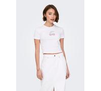 Kurzarmshirt ONLY "ONLKIRA S/S BLING O-NECK SHORT TOP JRS", Damen, Gr. S, hellweiß detail:cherry, Jersey, Obermaterial: 100% Baumwolle, bedruckt, regular fit, Rundhals, Shirts (10475543-S) hellweiß de