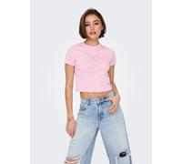 Kurzarmshirt ONLY "ONLKIRA S/S BLING O-NECK SHORT TOP JRS", Damen, Gr. XL, roseate spoonbill detail:bow, Jersey, Obermaterial: 100% Baumwolle, bedruckt, regular fit, Rundhals, Shirts (99013535-XL) ros