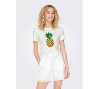 Kurzarmshirt ONLY "ONLKITA LIFE S/S FRUIT KNOT TOP BOX JRS", Damen, Gr. XS (34), weiß (cloud dancer print:pineapple), Single Jersey, Obermaterial: 100% Baumwolle, bedruckt, Rundhals, Shirts (69015048-