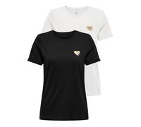 Kurzarmshirt ONLY "ONLKITA LIFE S/S TOP 2 PACK CS JRS", Damen, Gr. XL, schwarz (schwarz pack:cloud dancer, print gold glitter heart), Jersey, Obermaterial: 100% Baumwolle, bedruckt, regular fit normal