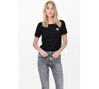 Kurzarmshirt ONLY "ONLKITA LIFE S/S TOP NOOS", Damen, Gr. M, schwarz (schwarz gold gl heart), Jersey, Obermaterial: 100% Baumwolle, bedruckt, regular fit normal, Rundhals, Shirts, regular fit, casual,