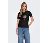 Kurzarmshirt ONLY "ONLKITA REG S/S PRINT TOP NOOS", Damen, Gr. L, schwarz print:flamingle, Jersey, Obermaterial: 100% Baumwolle, bedruckt, regular fit normal, Rundhals, Shirts (65172064-L) schwarz pri