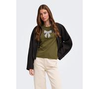 Kurzarmshirt ONLY "ONLKITA S/S LUXE JRS NOOS", Damen, Gr. L, grün (beech detail:sparkling silber bow), Jersey, Obermaterial: 100% Baumwolle, bedruckt, regular fit normal, Rundhals, Shirts, Baumwolle,