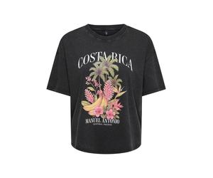 Kurzarmshirt ONLY "ONLLUCY BOXY S/S TOP JRS", Damen, Gr. M, schwarz print:costa rica, Jersey, Obermaterial: 100% Baumwolle, bedruckt, normal, Rundhals, Shirts, Baumwolle, Rundhals (86339523-M) schwarz