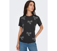 Kurzarmshirt ONLY "ONLLUCY LIFE S/S O-NECK TOP CC JRS", Damen, Gr. XS, schwarz detail:bows, Jersey, Obermaterial: 100% Baumwolle, bedruckt, regular fit, Rundhals, Shirts Kurzarmshirt (52765553-XS)