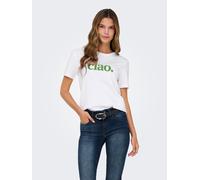 Kurzarmshirt ONLY "ONLMIA S/S PRINTED CS JRS", Damen, Gr. XS, hellweiß print:ciao, Jersey, Obermaterial: 100% Baumwolle, bedruckt, regular fit normal, Rundhals, Shirts (48236437-XS) hellweiß print:cia
