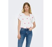 Kurzarmshirt ONLY "ONLMOSTER S/S AOP TOP CS JRS", Damen, Gr. S, cloud dancer aop:salsa hearts, Single Jersey, Obermaterial: 75% Viskose, 20% Polyester, 5% Elasthan, bedruckt, lässig geschnitten normal