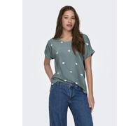 Kurzarmshirt ONLY "ONLMOSTER S/S AOP TOP CS JRS", Damen, Gr. XS, balsam grün aop:cloud dancer hearts, Single Jersey, Obermaterial: 75% Viskose, 20% Polyester, 5% Elasthan, bedruckt, lässig geschnitten