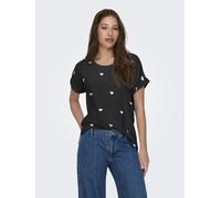 Kurzarmshirt ONLY "ONLMOSTER S/S AOP TOP CS JRS", Damen, Gr. XS, schwarz-weiß (schwarz aop:cloud dancer hearts), Single Jersey, Obermaterial: 75% Viskose, 20% Polyester, 5% Elasthan, bedruckt, lässig 