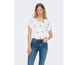 Kurzarmshirt ONLY "ONLMOSTER S/S AOP TOP CS JRS", Damen, Gr. XS, weiß (cloud dancer aop:salsa hearts), Single Jersey, Obermaterial: 75% Viskose, 20% Polyester, 5% Elasthan, bedruckt, lässig geschnitte