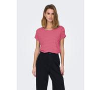 Kurzarmshirt ONLY "ONLMOSTER STRIPE S/S O-NECK TOP JRS NOOS", Damen, Gr. XS (34), lychee stripes:cloud dancer, Jersey, Obermaterial: 75% Viskose, 20% Polyester, 5% Elasthan, gestreift, regular fit nor