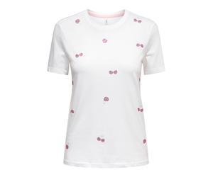 Kurzarmshirt ONLY "ONLNIKITA REG S/S TOP BOX JRS", Damen, Gr. M, hellweiß aop:cherry, Jersey, Obermaterial: 100% Baumwolle, bedruckt, regular fit normal, Rundhals, Shirts, Baumwolle, regular fit, Rund