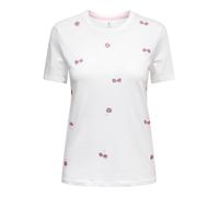 Kurzarmshirt ONLY "ONLNIKITA REG S/S TOP BOX JRS", Damen, Gr. XS, hellweiß aop:cherry, Jersey, Obermaterial: 100% Baumwolle, bedruckt, regular fit normal, Rundhals, Shirts, Baumwolle, regular fit, Run