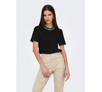 Kurzarmshirt ONLY "ONLPARKER S/S O-NECK BLING TOP BOX JRS", Damen, Gr. M, schwarz detail:rhinestone necklace, Jersey, Obermaterial: 50% Baumwolle, 50% Modal, unifarben, figurbetont normal, Rundhals, S