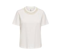 Kurzarmshirt ONLY "ONLPARKER S/S O-NECK BLING TOP BOX JRS", Damen, Gr. XS, cloud dancer detail:fake pearl neck piece, Jersey, Obermaterial: 50% Baumwolle, 50% Modal, unifarben, figurbetont normal, Run