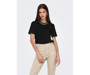 Kurzarmshirt ONLY "ONLPARKER S/S O-NECK BLING TOP BOX JRS", Damen, Gr. XS, schwarz detail:rhinestone necklace, Jersey, Obermaterial: 50% Baumwolle, 50% Modal, unifarben, figurbetont normal, Rundhals,