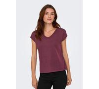 Kurzarmshirt ONLY "ONLSILVERY S/S V NECK LUREX TOP JRS NOOS", Damen, Gr. XS, rot (burgundy), Jersey, Obermaterial: 60% Polyester, 24% Viskose, 16% metallisierte Fasern, unifarben, loose fit normal, Ru
