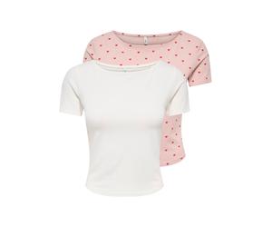 Kurzarmshirt ONLY "ONLSUSAN SHORT S/S 2 PACK TOP CS JRS", Damen, Gr. M, cloud dancer pack:rose smoke with hearts, Jersey, Obermaterial: 95% Baumwolle, 5% Elasthan, bedruckt, unifarben, slim fit normal