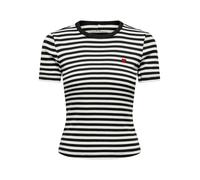 Kurzarmshirt ONLY "ONLVAL S/S O-NECK STRIPE TOP JRS", Damen, Gr. M, schwarz-weiß (schwarz stripes:cloud dancer (mette), emb. heart), Jersey, Obermaterial: 95% Baumwolle, 5% Elasthan, gestreift, regula