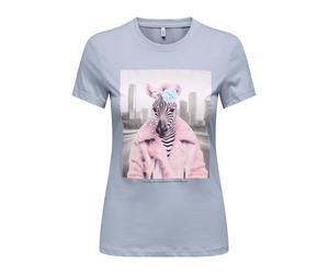 Kurzarmshirt ONLY "ONLVIBE LIFE S/S GLASSES TOP BOX JRS", Damen, Gr. M, soft chambray print:vibe zebra big city, Jersey, Obermaterial: 100% Baumwolle, regular fit normal, Rundhals, Shirts, Baumwolle,