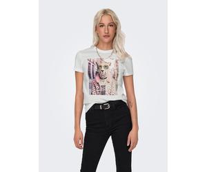 Kurzarmshirt ONLY "ONLVIBE LIFE S/S GLASSES TOP BOX JRS", Damen, Gr. XS, cloud dancer print:vibe leo big city, Jersey, Obermaterial: 100% Baumwolle, bedruckt, regular fit normal, Rundhals, Shirts, Bau