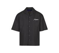 Kurzarmshirt PEQUS "PEQUS PEQUS Chest Logo Linen Shirt", Herren, Gr. M, schwarz, 100% Leinen, bedruckt, normal, amerikanischer Ausschnitt, Shirts Kurzarmshirt (98448552-M)