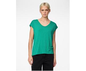 Kurzarmshirt PIECES "PC BILLO", Damen, Gr. M, grün (pepper grün), Jersey, Obermaterial: 85% Viskose, 10% metallisierte Fasern, 5% Elasthan, Glitzermuster, geringelt, gestreift, bequem normal, Rundhals