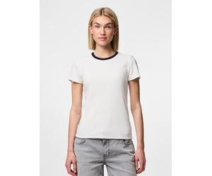 Kurzarmshirt PIECES "PCMAY SS TEE NOOS BC", Damen, Gr. L (40), weiß (hellweiß detail:schwarz contrast), Jersey, Obermaterial: 95% Baumwolle, 5% Elasthan, unifarben mit Farbeinsatz, normal, Rundhals, S