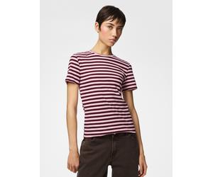 Kurzarmshirt PIECES "PCRUKA SS TOP JRS NOOS BC", Damen, Gr. M, roseate spoonbill stripes:tawny port, Jersey, Obermaterial: 95% Baumwolle, 5% Elasthan, gestreift, slim fit normal, Rundhals, Shirts, mit