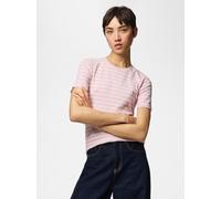 Kurzarmshirt PIECES "PCRUKA SS TOP JRS NOOS BC", Damen, Gr. S, roseate spoonbill stripes:new cloud dancer, Jersey, Obermaterial: 95% Baumwolle, 5% Elasthan, gestreift, slim fit normal, Rundhals, Shirt
