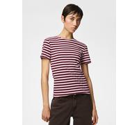 Kurzarmshirt PIECES "PCRUKA SS TOP JRS NOOS BC", Damen, Gr. S, roseate spoonbill stripes:tawny port, Jersey, Obermaterial: 95% Baumwolle, 5% Elasthan, gestreift, slim fit normal, Rundhals, Shirts, mit