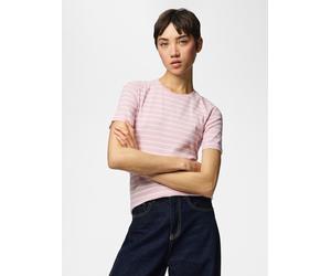 Kurzarmshirt PIECES "PCRUKA SS TOP JRS NOOS BC", Damen, Gr. XS, roseate spoonbill stripes:new cloud dancer, Jersey, Obermaterial: 95% Baumwolle, 5% Elasthan, gestreift, slim fit normal, Rundhals, Shir