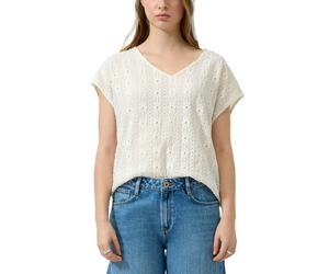 Kurzarmshirt QS, Damen, Gr. L (40), ecru, Jersey, Obermaterial: 98% Polyester, 2% Elasthan, unifarben, normal hüftbedeckend, V-Ausschnitt, abgesteppte Kante, Shirts, mit Häkel-Applikationen (25857633-