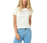 Kurzarmshirt QS, Damen, Gr. M (38), ecru, Feinripp, Obermaterial: 96% Baumwolle, 4% Elasthan, bedruckt, tailliert hüftbedeckend, Rundhals, gewellter Abschluss, Shirts, mit Frontprint und gewellten Abs
