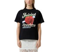 Kurzarmshirt QS, Damen, Gr. M (38), schwarz, Jersey, Obermaterial: 100% Baumwolle, bedruckt, normal hüftbedeckend, Rundhals, abgesteppte Kante, Shirts, Sommershirt mit großem Print (57328509-M) schwar