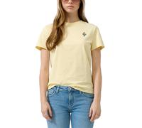 Kurzarmshirt QS, Damen, Gr. XL (42), gelb, Jersey, Obermaterial: 100% Baumwolle, bestickt, unifarben, normal hüftbedeckend, Rundhals, abgesteppte Kante, Shirts, mit feiner Stickerei (39625902-XL) gelb