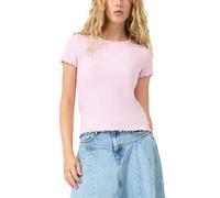 Kurzarmshirt QS, Damen, Gr. XL (42), rose, Feinripp, Obermaterial: 96% Baumwolle, 4% Elasthan, bedruckt, tailliert hüftbedeckend, Rundhals, gewellter Abschluss, Shirts, mit Frontprint und gewellten Ab