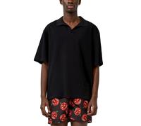 Kurzarmshirt QS, Herren, Gr. M, schwarz, Jersey, Obermaterial: 90% Baumwolle, 10% Leinen, unifarben, normal hüftbedeckend, V-Ausschnitt, abgesteppte Kante, Shirts, Sommer-Poloshirt mit Leinen (6143350