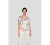 Kurzarmshirt RABE, Damen, Gr. 44, beige (elfenbein), Web, Obermaterial: 97% Polyester, 3% Elasthan, bedruckt, geblümt, tailliert hüftbedeckend, Rundhals, Bündchen, Shirts Kurzarmshirt, mit floralem Mu